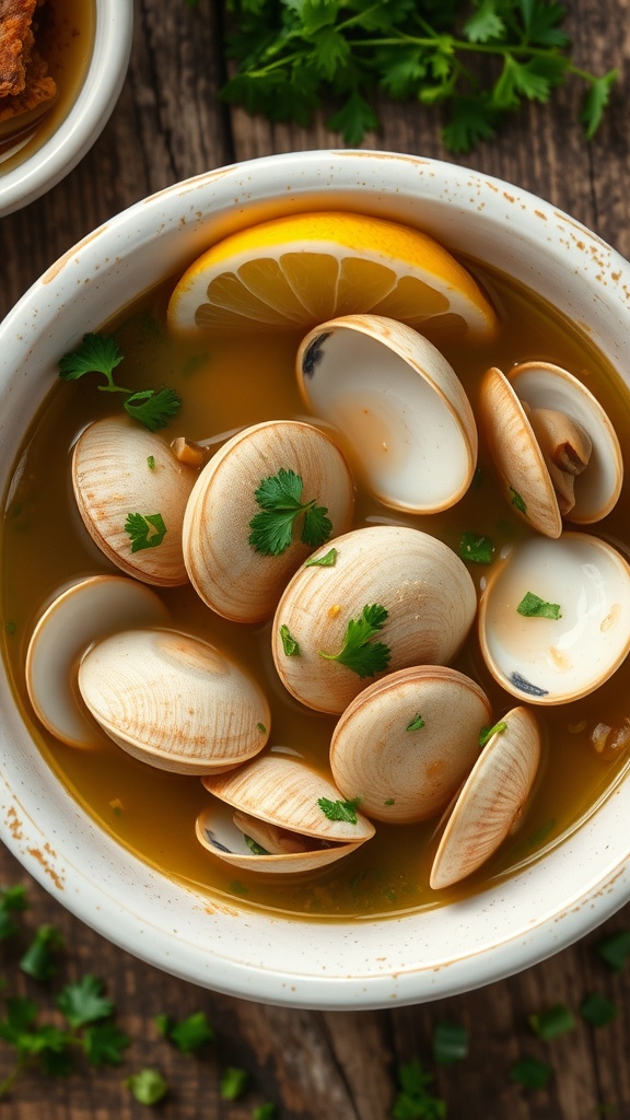 A bowl of Clam Boy Juha with clams in broth, garnished with parsley and lemon on a rustic wooden table.